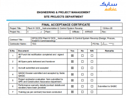 天辰公司沙特沙比克甲醇厂仪表控制系统改造项目收到业主最终接收证书！