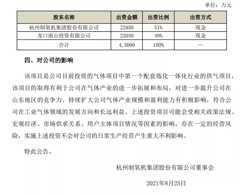 总投资14.54亿，杭氧股份拟合作建设为裕龙岛炼化供应工业气体项目