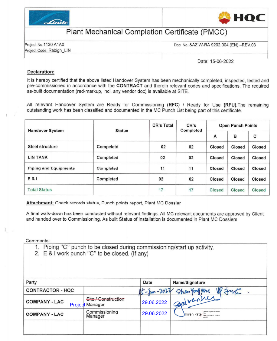 寰球工程公司这个海外项目顺利实现机械竣工！