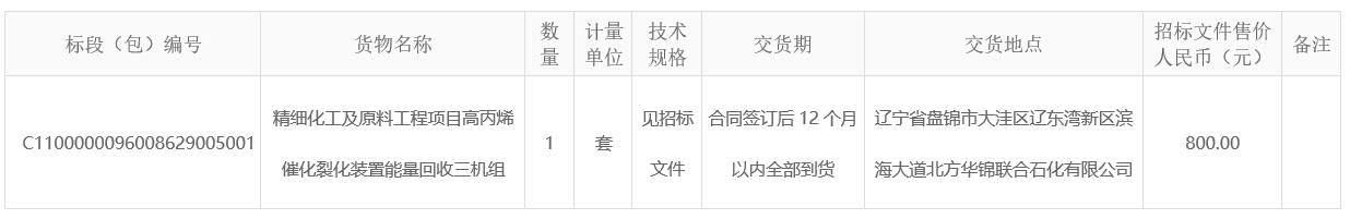 北方华锦联合石化有限公司精细化工及原料工程项目420万吨每年高丙烯催化裂化装置能量回收三机组招标公告